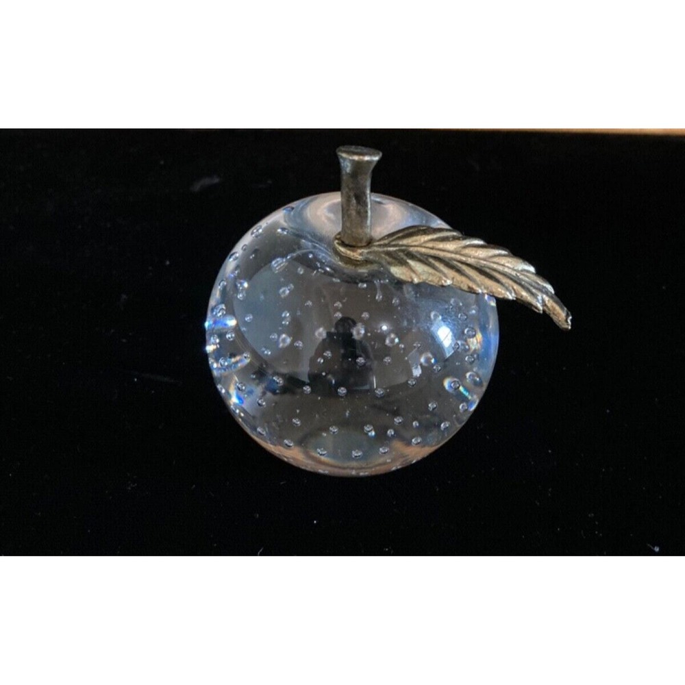Vintage Clear Apple Brass Stem & Leaf Art Glass Paperweight Controlled Bubbles
